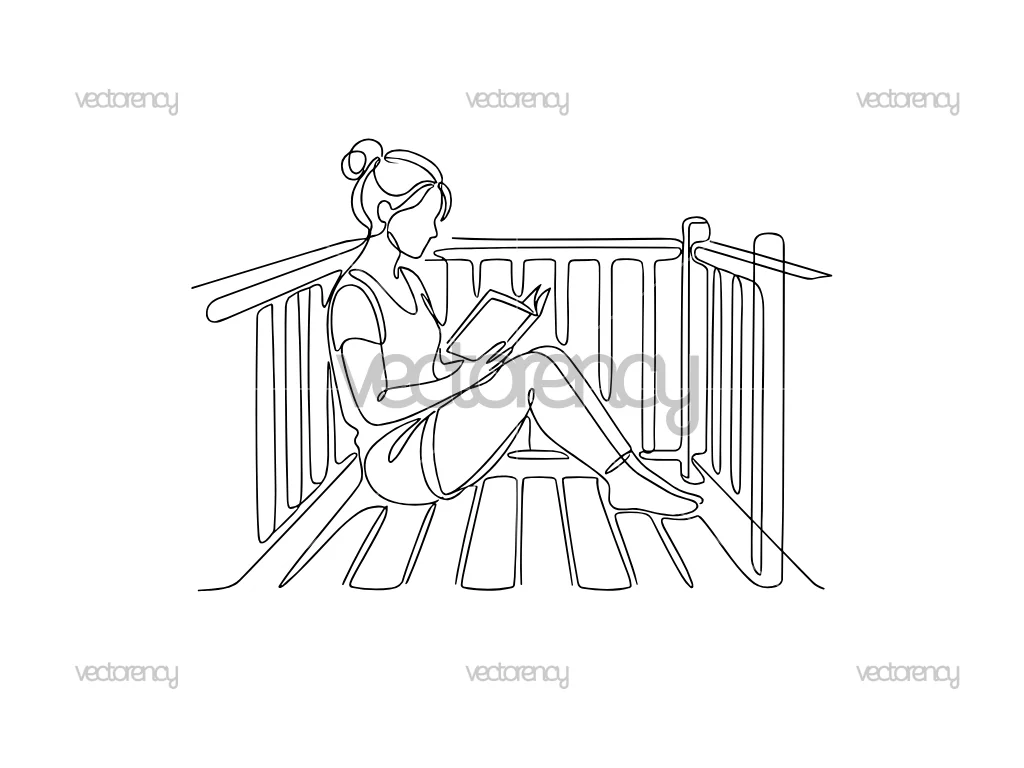 Woman Reading a Book While Sitting on Wooden Balcony Line Art