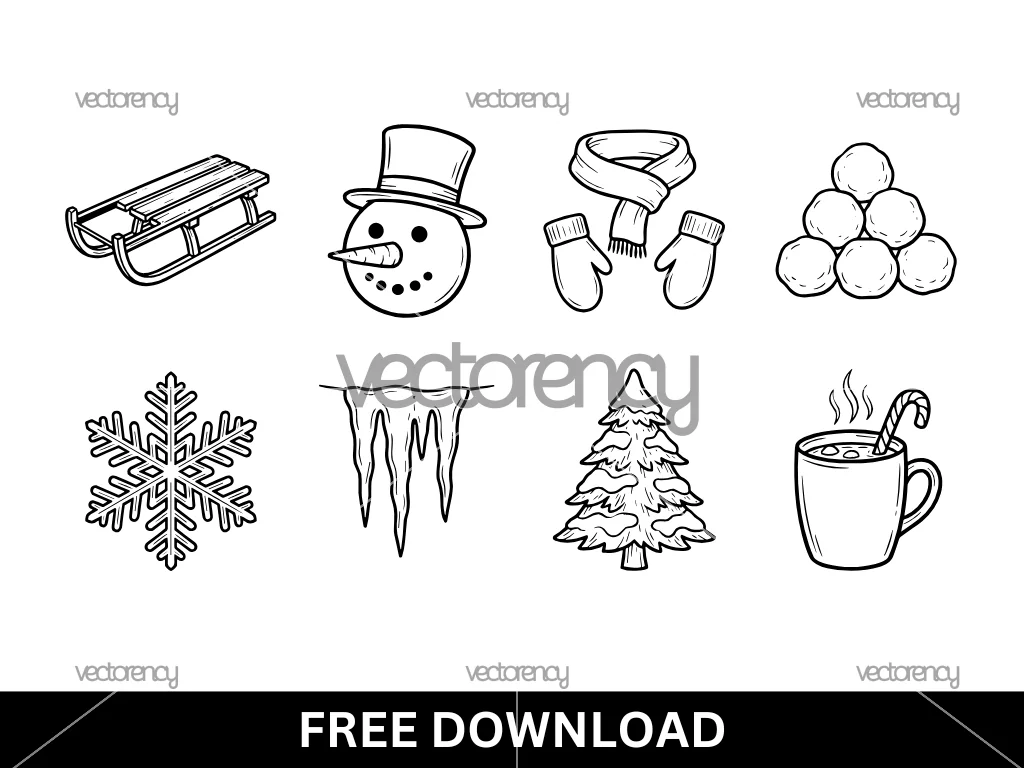 Snow Day SVG Set, Sled, Snowman Parts, Flakes, Icicles Vector