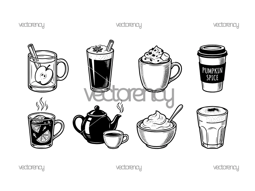 Cozy Fall Drinks Clipart Icon SVG, Cider, Cocoa, Chai, Whipped Cream