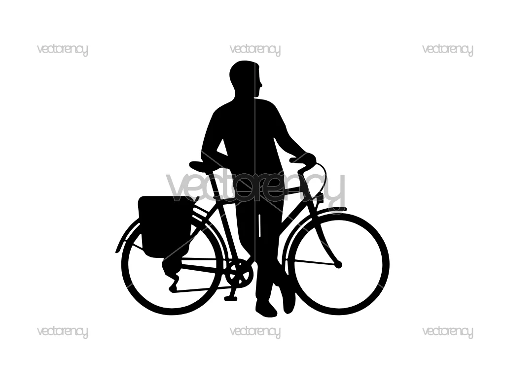 Silhouette Vector Illustration Of a Man with a Backpack Riding a Bicycle