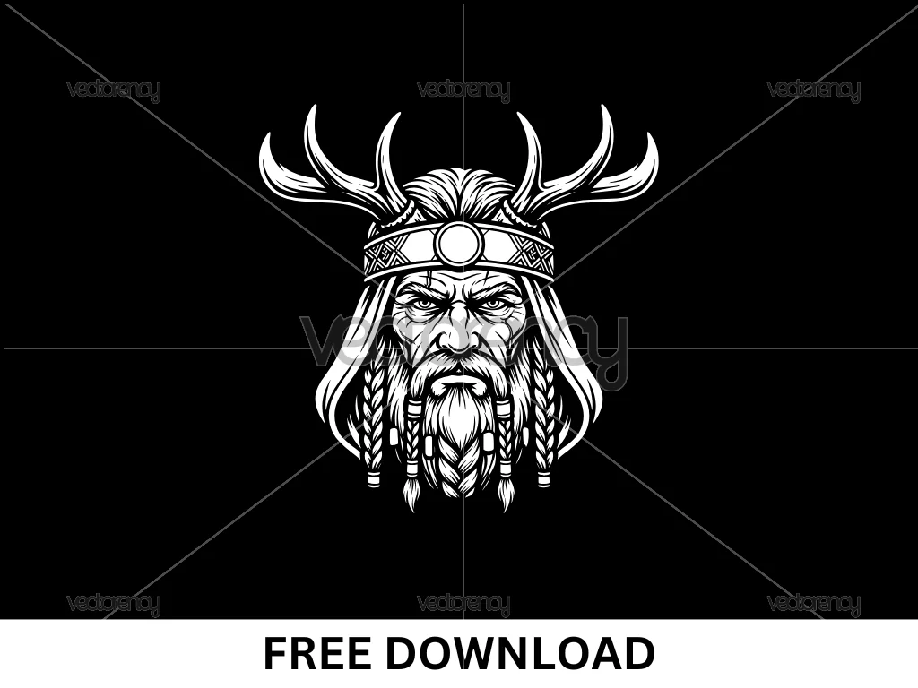 Tribal Viking Shaman with Antlers Vector Art Face PNG