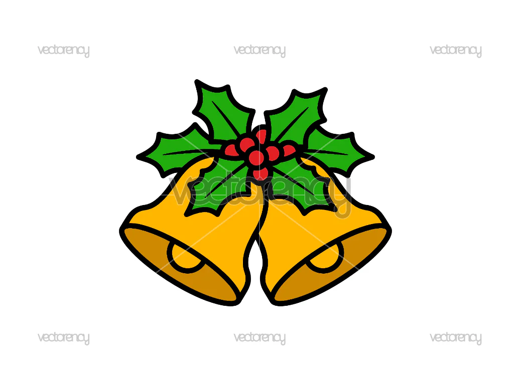 Christmas Bells Green Holly Leaves Berries Clipart Vector SVG