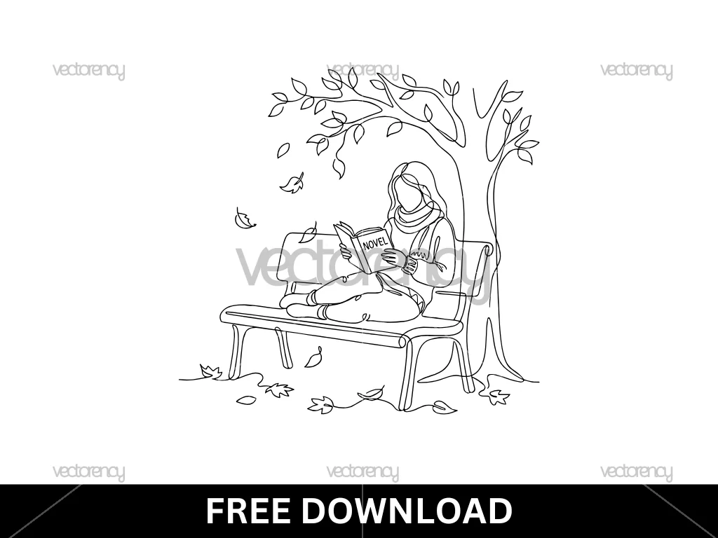 Woman Reading Novel While Enjoying in Autumn Day in the Backyard Line Art