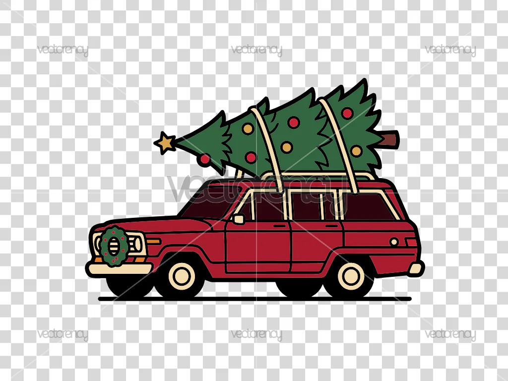 Festive Car with Christmas Tree Illustration Clipart Cartoon