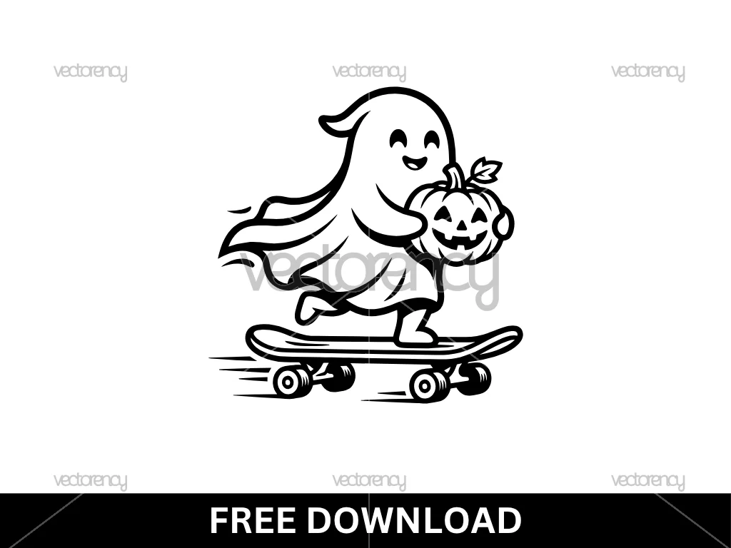 Cute Ghost Riding Skateboard with Pumpkin SVG Free