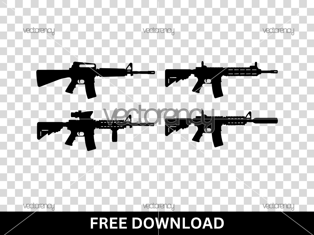 AR-15 style Semi-Automatic Rifle, Bolt Action Rifle and Pistols Silhouette Vector