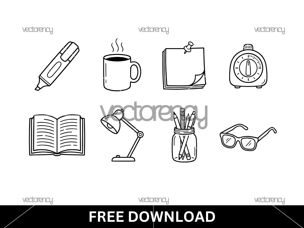 Study Season Set Vector, Highlighter, Coffee, Sticky Notes, Timer