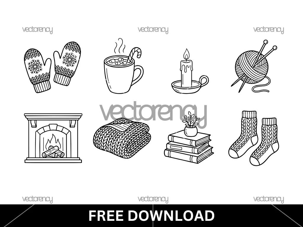 Winter Hygge Vector Set, Mittens SVG, Knit Textures, Fireplace, Cocoa