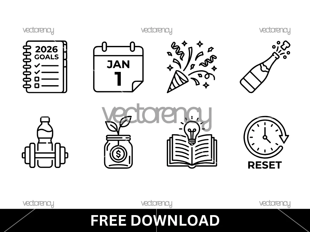 New Year Reset SVG Set, Goals, Calendar, Confetti, Champagne Icon