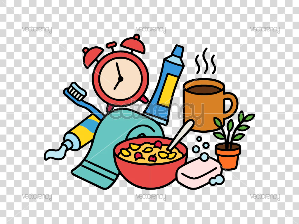 Daily Life Clipart Vector Morning Routine Alarm Toothbrush Vector