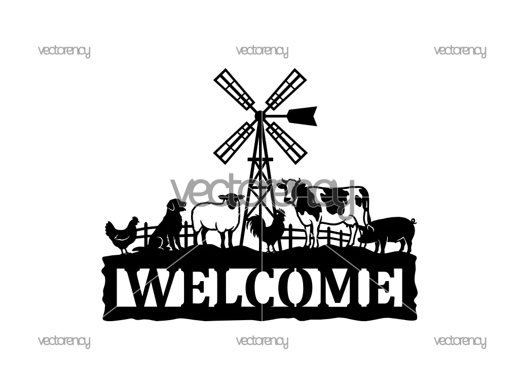 Windmill Chicken Dog Sheep Rooster Cow Pig Welcome Sign CNC Cut Files