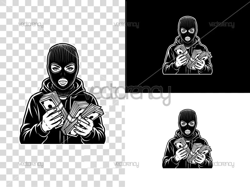 Gangster Woman Wearing Ski Mask Burglar Holding Money Vector