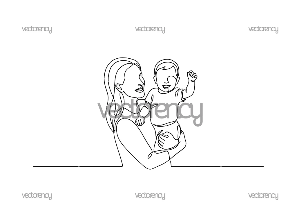 Mother Holding Toddler on Arm One Line Art Download Vector Stock
