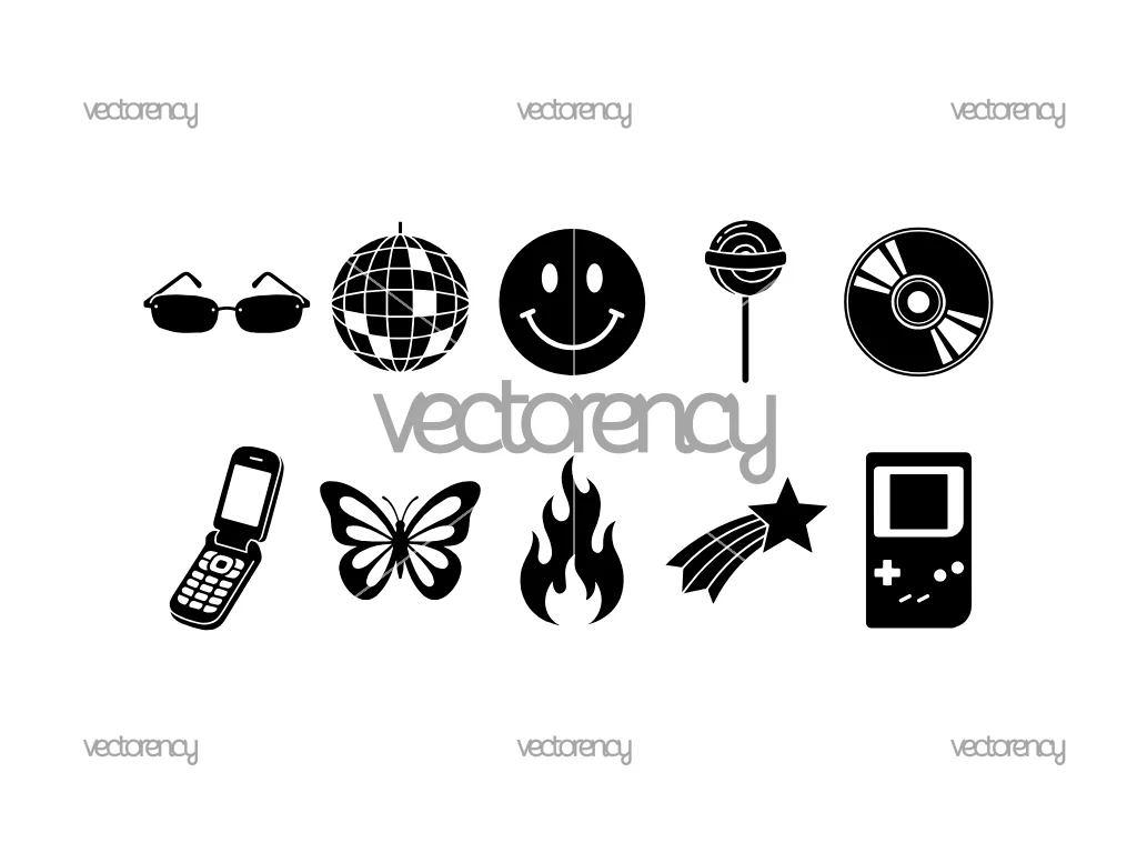 Sunglasses, Disco Ball, Emoji Smile, Lollypop Y2K Retro Vector Icon SVG