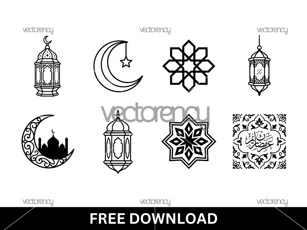 Ramadan or Eid Decor Elements SVG Free, Lanterns, Crescent, Stars, Patterns Vector