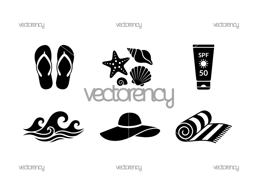 Beach Essentials SVG, Flip-Flops, Seashells, Sunscreen, Waves Clipart Icon