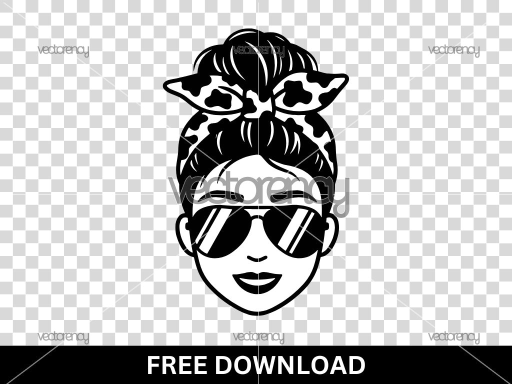 Messy Bun Cow Print Bandana SVG File, Aviator Sunglasses