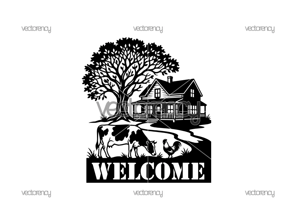 Farmhouse Tree Cow Welcome Stencil Sign SVG