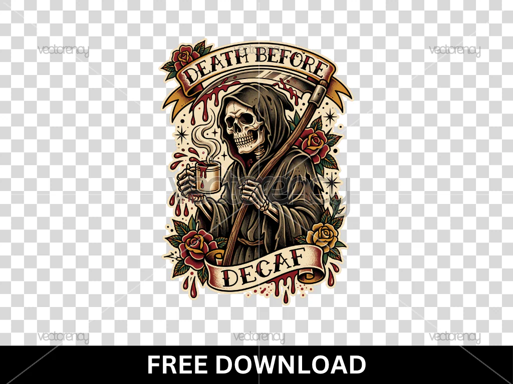 Death Before Decaf Grim Reaper PNG Free DTF
