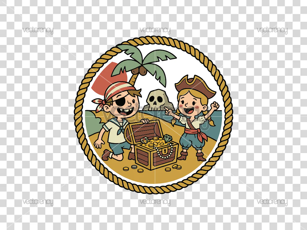 Cartoon Funny Kids Pirates on Island with Treasure Clipart Vector