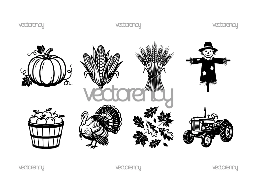 Autumn Harvest Set Vector, Pumpkin, Corn, Wheat, Scarecrow
