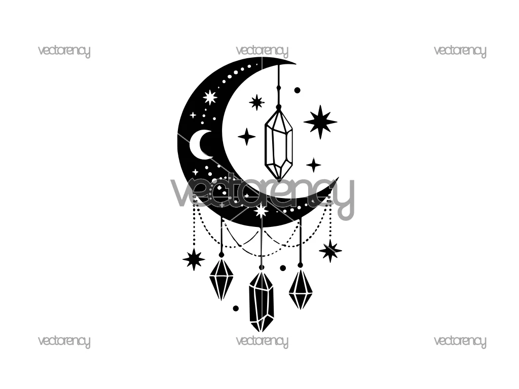 Celestial Ornament Crescent Moon and Hanging Crystals Vector