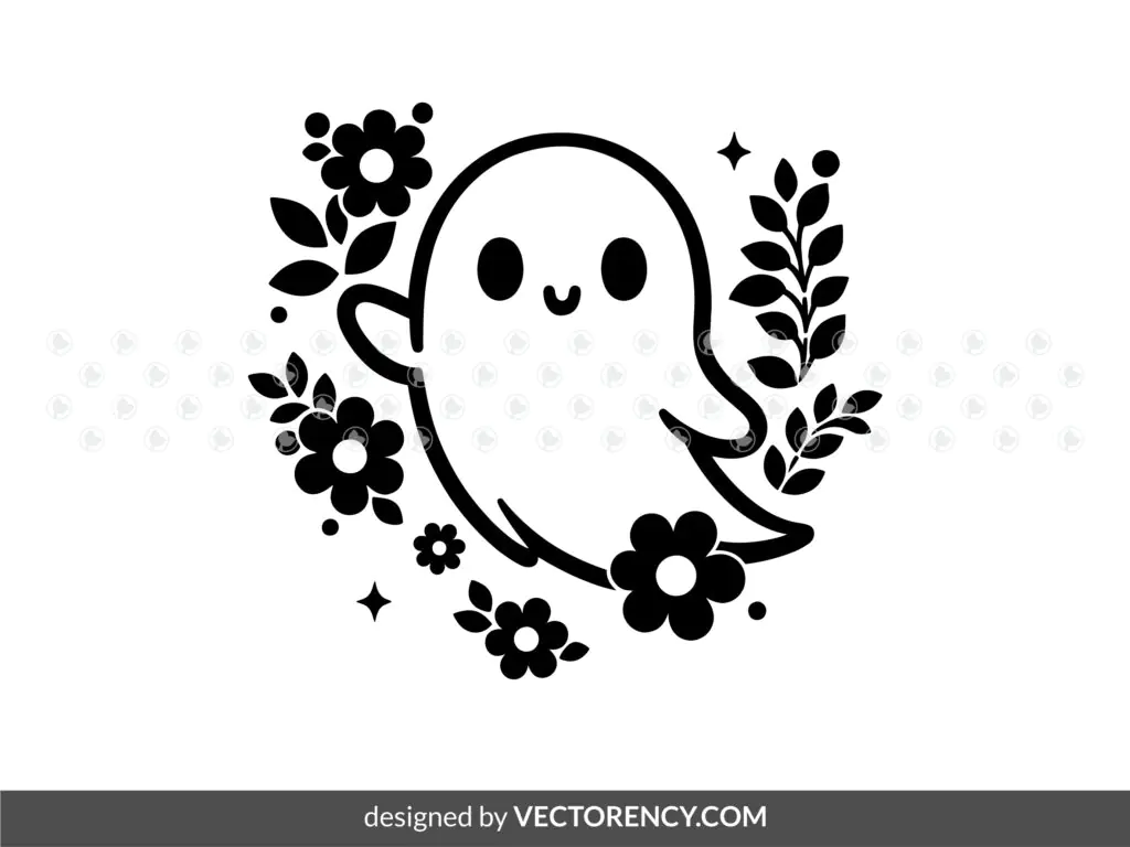 Cute Ghost Vector Art With Flowers