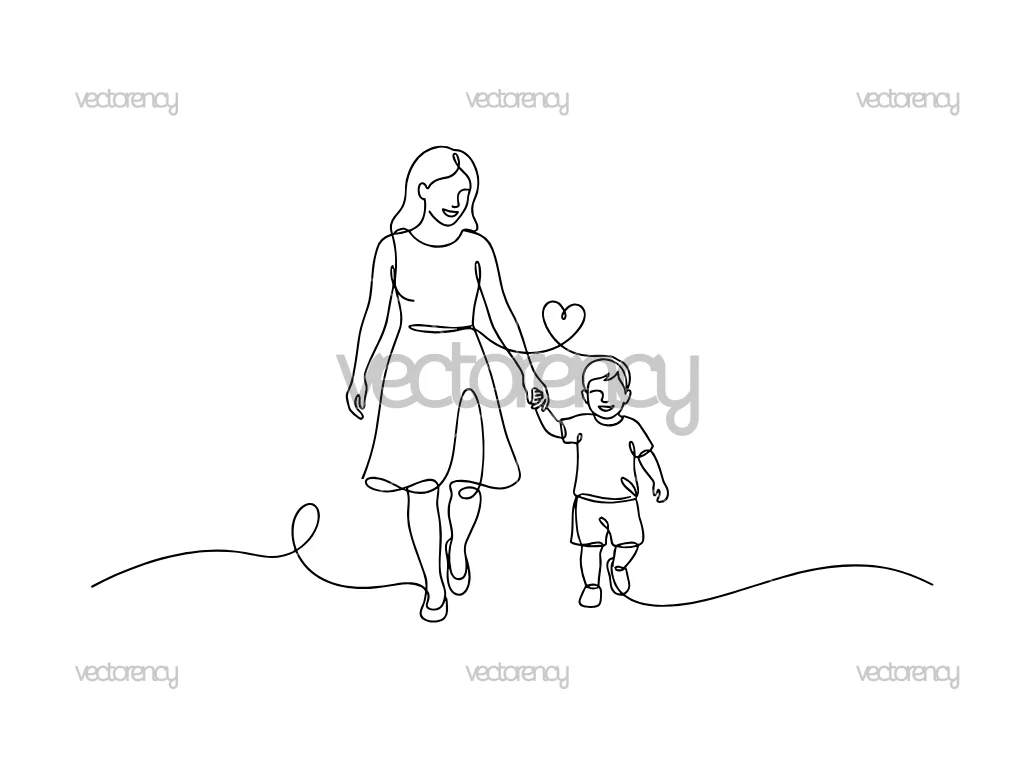 Mother and Her Son One Line Art SVG PNG EPS DXF