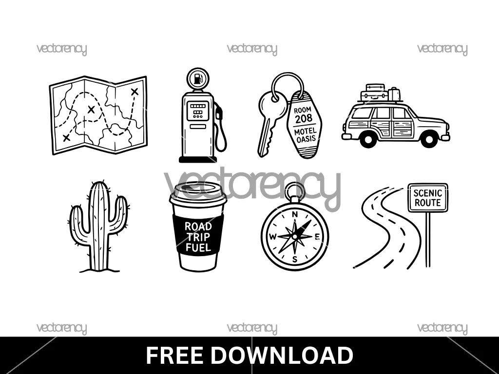Road Trip Doodles Vector Set, Map, Gas Pump, Motel Key, Car