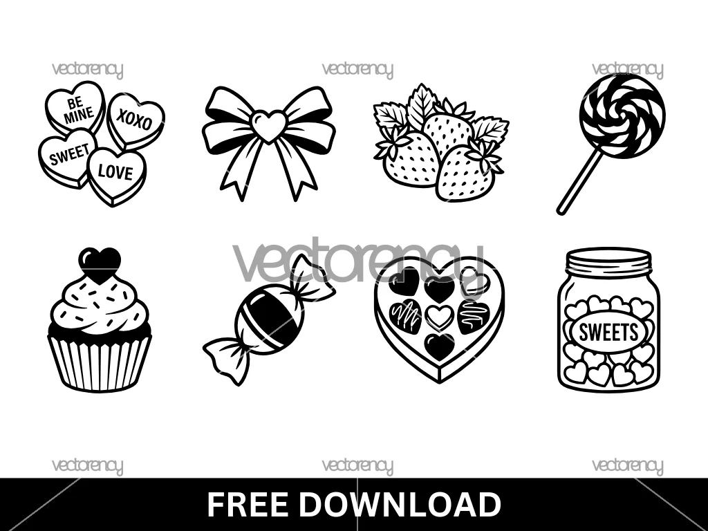 Valentine Sweet SVG, Candy Hearts, Bows, Strawberries, Be Mine, XOXO Cut File