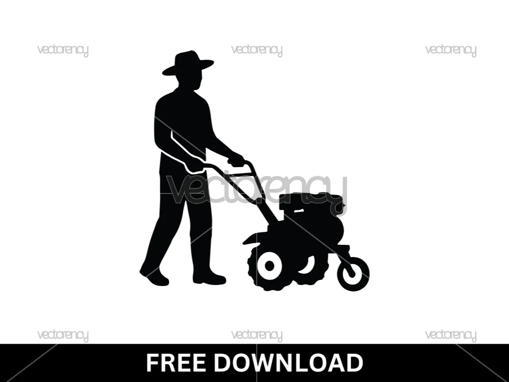 Silhouette Vector Illustration Of a Farmer Operating a Tiller Machine