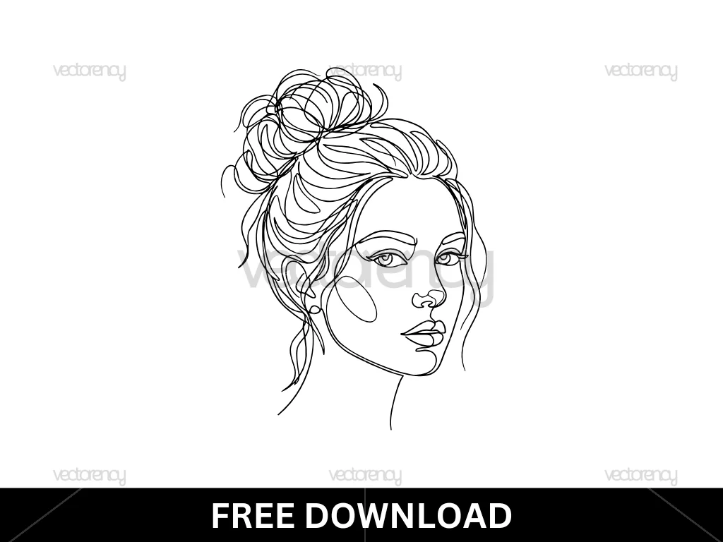 Messy Bun Woman Face Line Art SVG