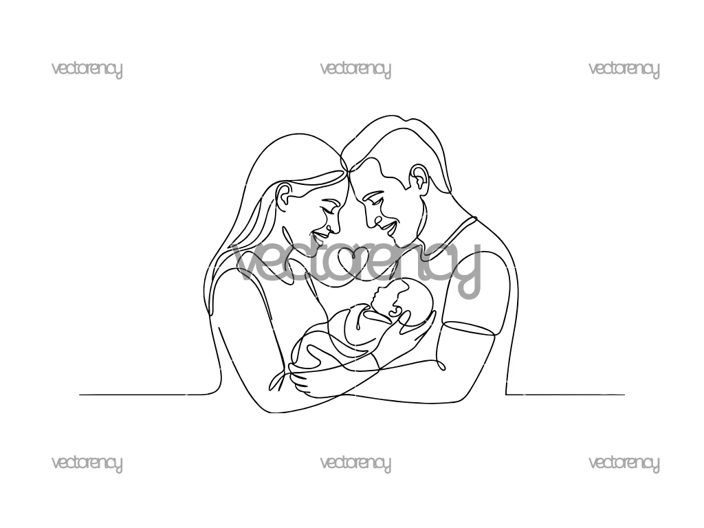 Parents with Newborn Baby Line Art Vector