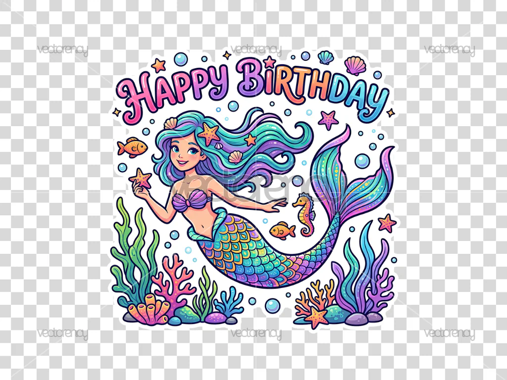Happy Birthday Mermaid Cake Topper Printable PNG