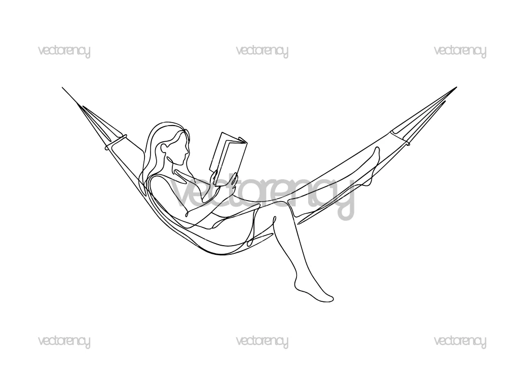 Woman Reading Book While Sitting On Hammock Line Art Clipart SVG PNG