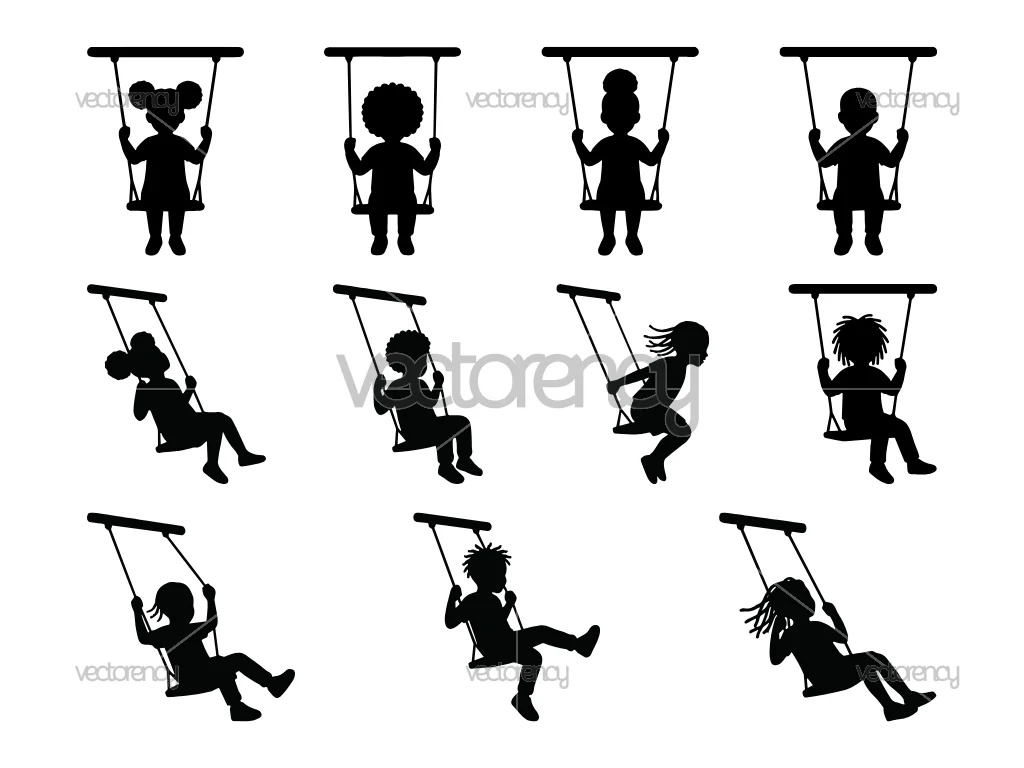 African American Kid on Swing Vector Silhouette SVG Set PNG