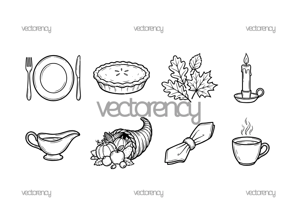 Thankful Table Icon, Plates, Pie, Leaves, Candles SVG