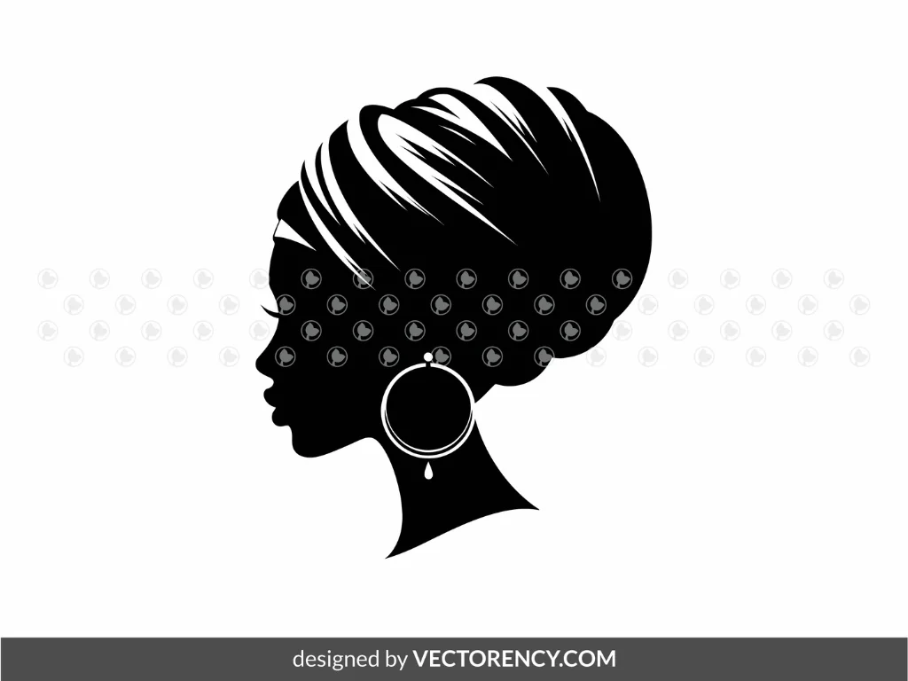 Black Woman Head Silhouette with Turban, Hoop Earrings, Traditional Scarf, African Head Wrap