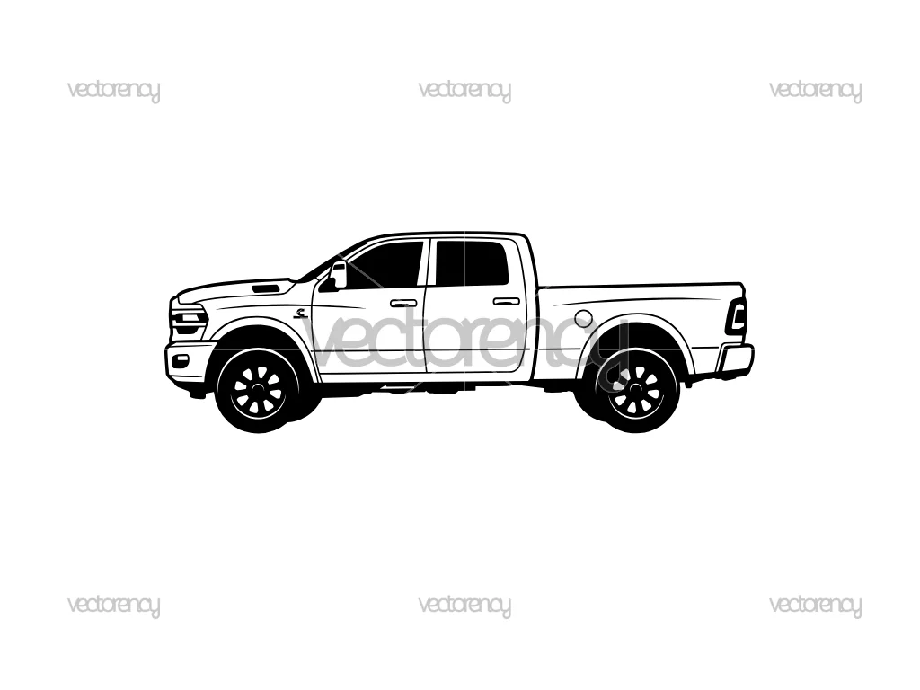 Ram Pickup Car Clipart Vector Black and White