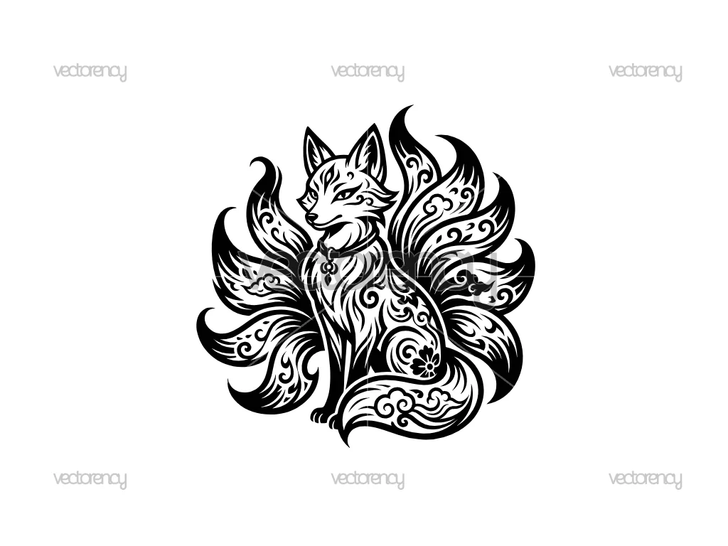 Ornate Kitsune Vector Art PNG