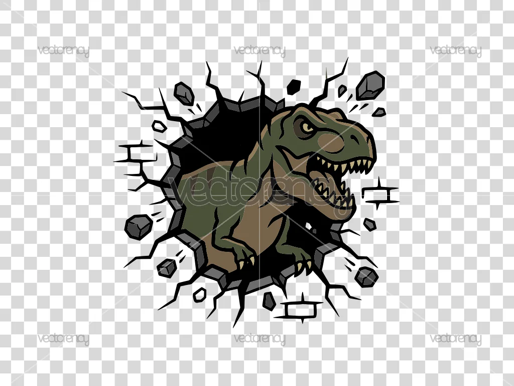 Tyrannosaurus Rex Character Breaking Through a Cracked Wall