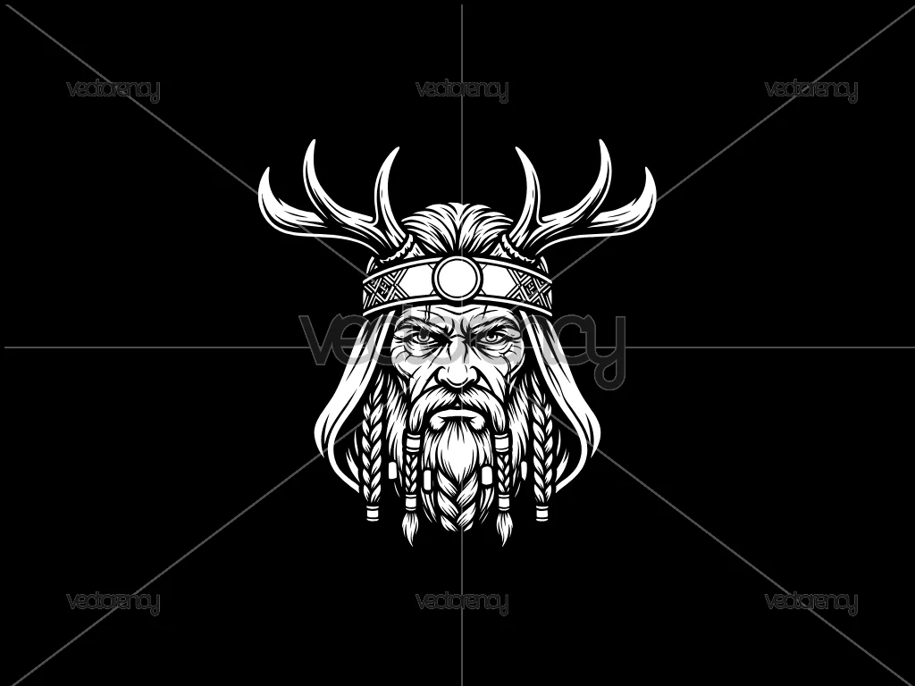 Tribal Viking Shaman with Antlers Vector Art Face PNG