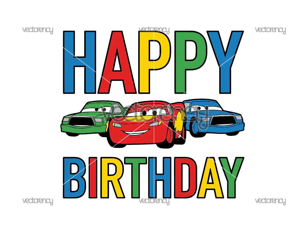 Cars Happy Birthday Lightning McQueen, Chick Hicks, Strip Weathers Image PNG SVG