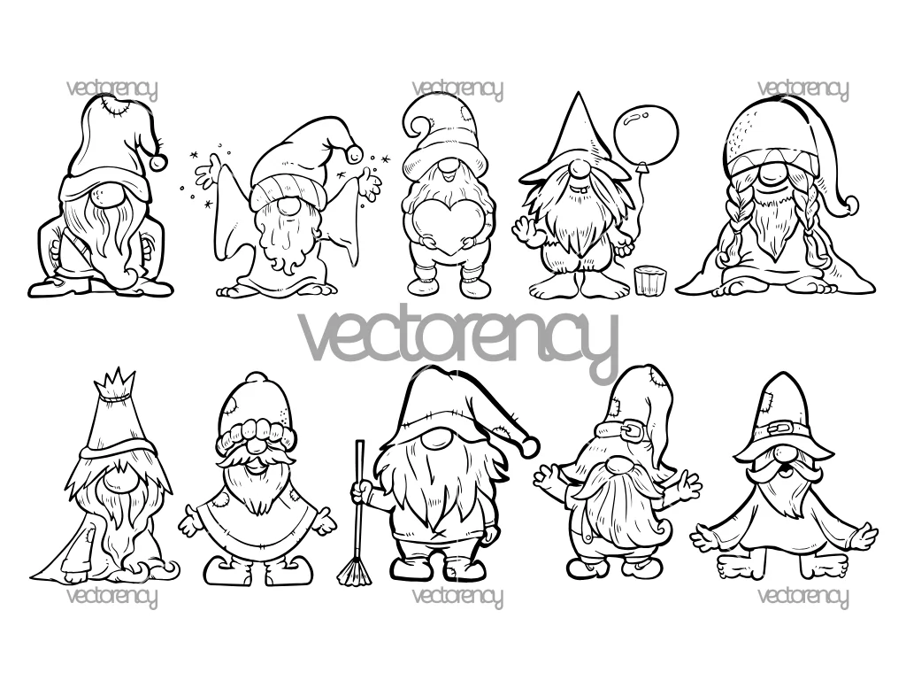 10 Gnomes Outline SVG File PNG Vector Gnome