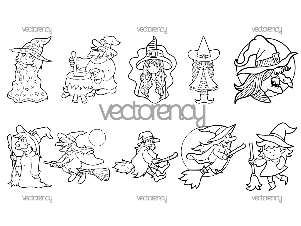 Witch Outline Cute Vector Witch Clipart SVG