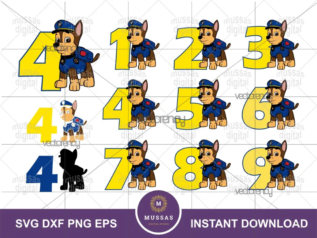 Chase Paw Patrol Birthday Numbers SVG Cricut Paw Patrol Numbers PNG Baby Shirt