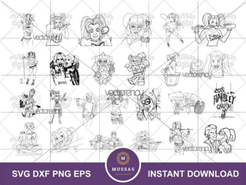 Harley Quinn Outline Bundle SVG DXF PNG EPS