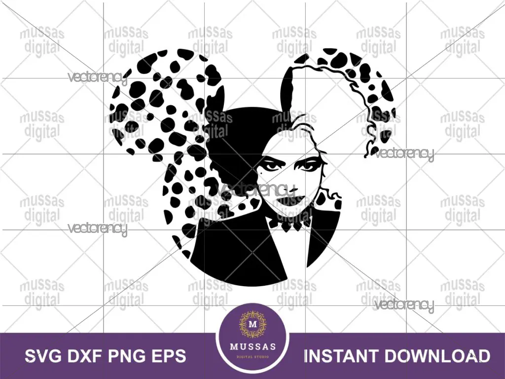 Cruella SVG Cut Files Cricut Ears Dalmatians Outline Silhouette Vector