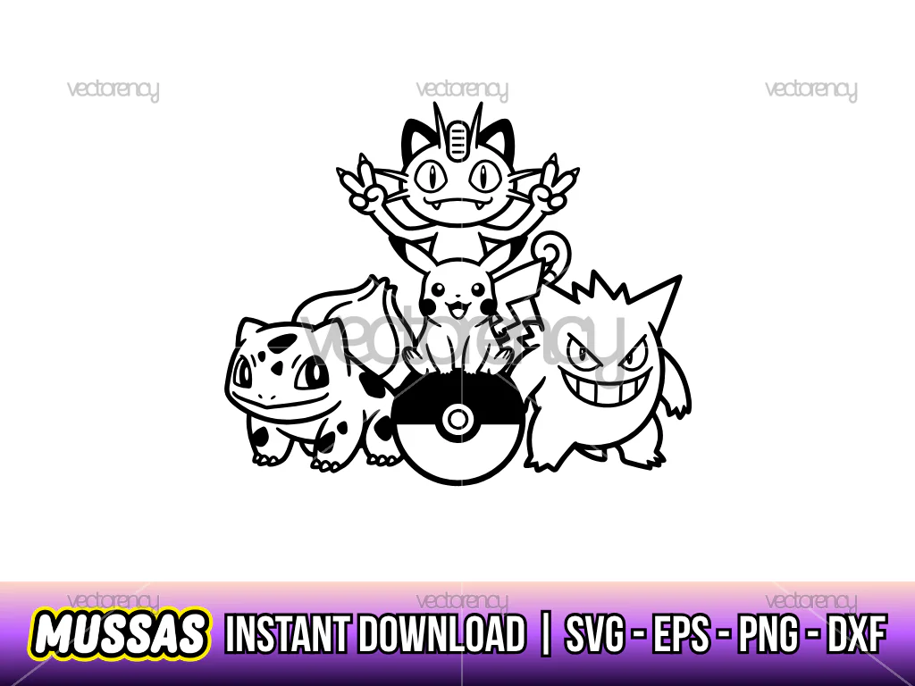 Pokemon Bulbasaur, Pikachu, Poke Ball, Gengar and Meowth Vector Premium Design