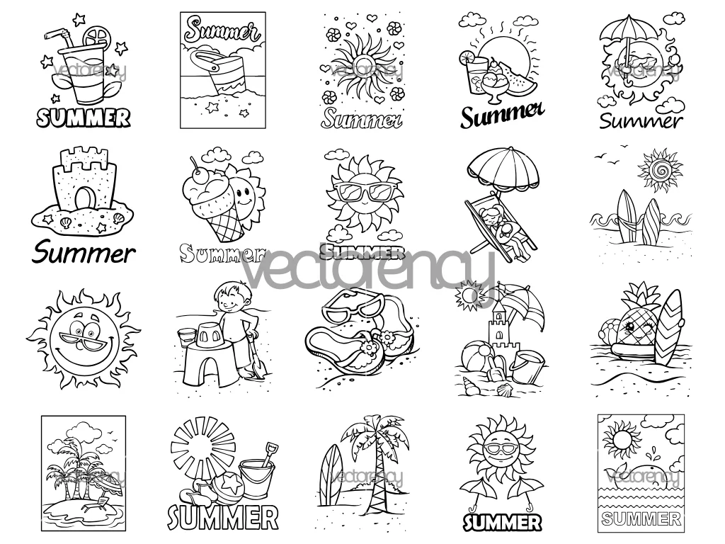 Summer Outline Clipart SVG Beach Sun PNG Vector